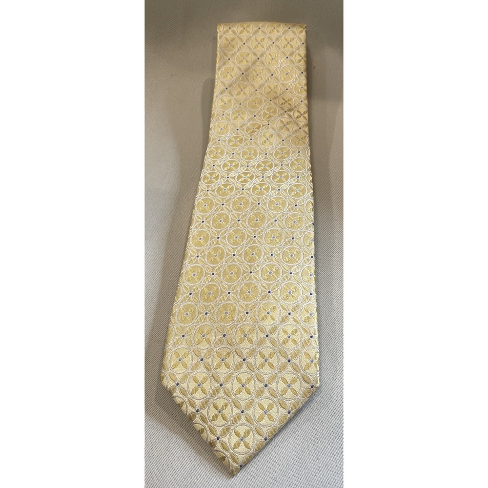 Fabio Fazio‎ Mens Necktie Golden Yellow Silk Geometric Floral Medallion Pattern